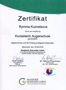 Zertifikat, Rymma Kuznetsova, Kursleiterin Augenschule